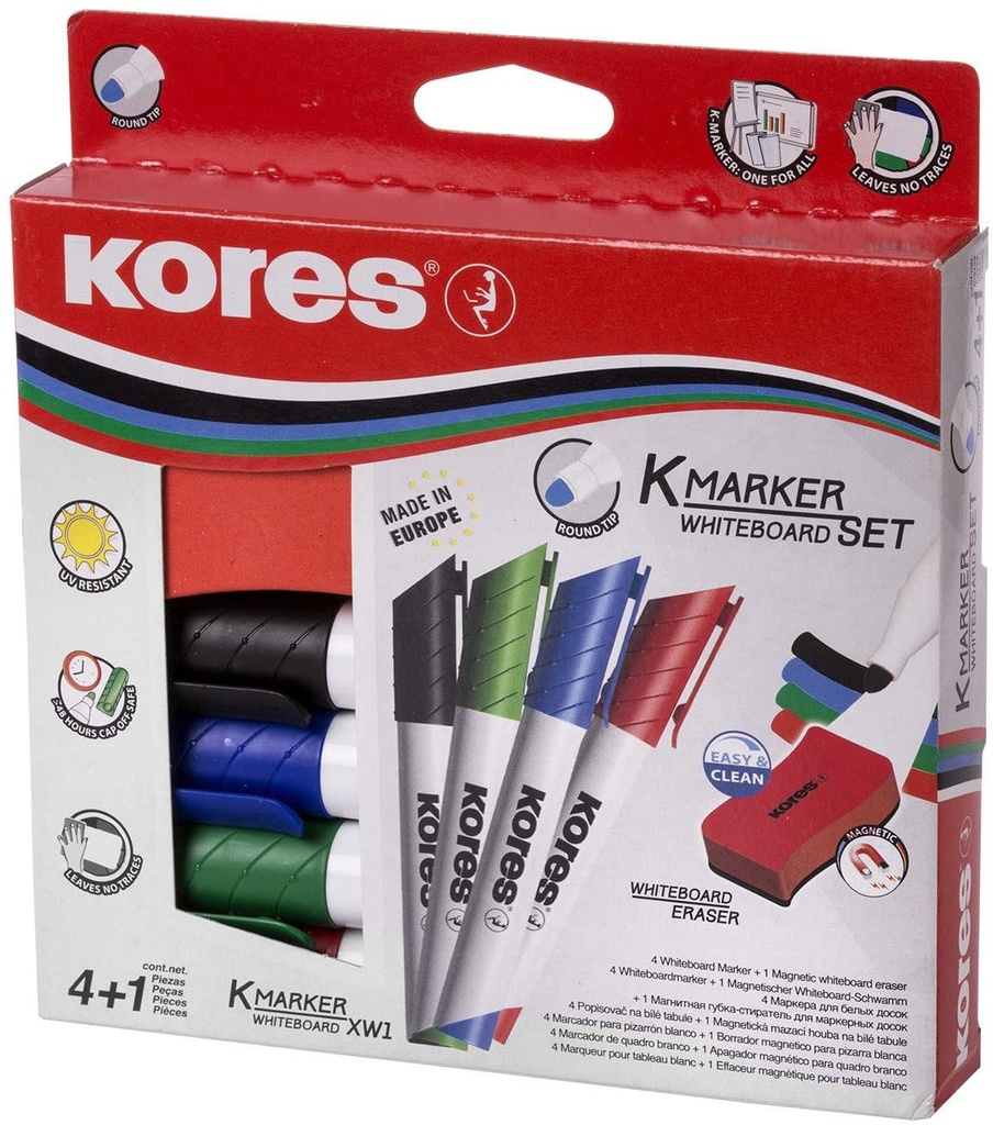 K-Marker Whiteboard Xw1 Set, 4 X Xw11 Marker Round Tip, Mixed Colours + 1 X Wb Eraser Mixed Colours