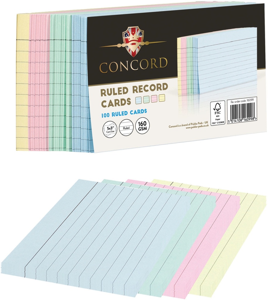 Record Card Ruled 5"x3", PK 100SH, Assorted Paper