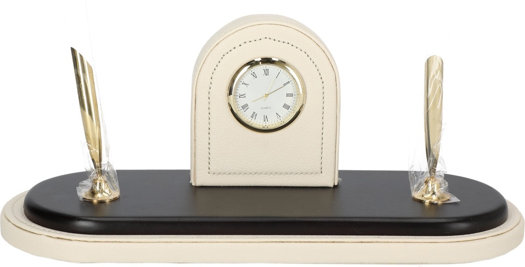 Pen Stand Leather Black and White with 2 Golden Pen Holders and Clock