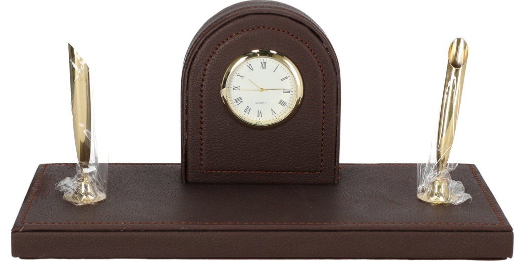 Pen Stand Leather Dark Bown with 2 Golden Pen Holders and Clock