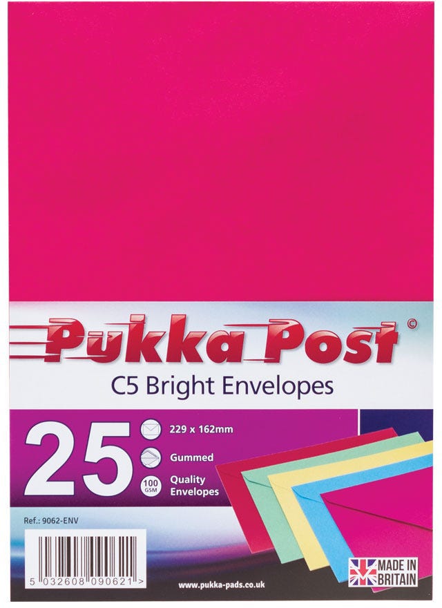 Envelope C5, 162 x 229mm, 100gsm, Pack of 25, Assorted Bright Color
