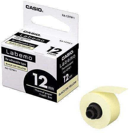 Tape Label Printer 12mm Re-Adherable Black on Yellow Casio XA-12WE1-W-DJ