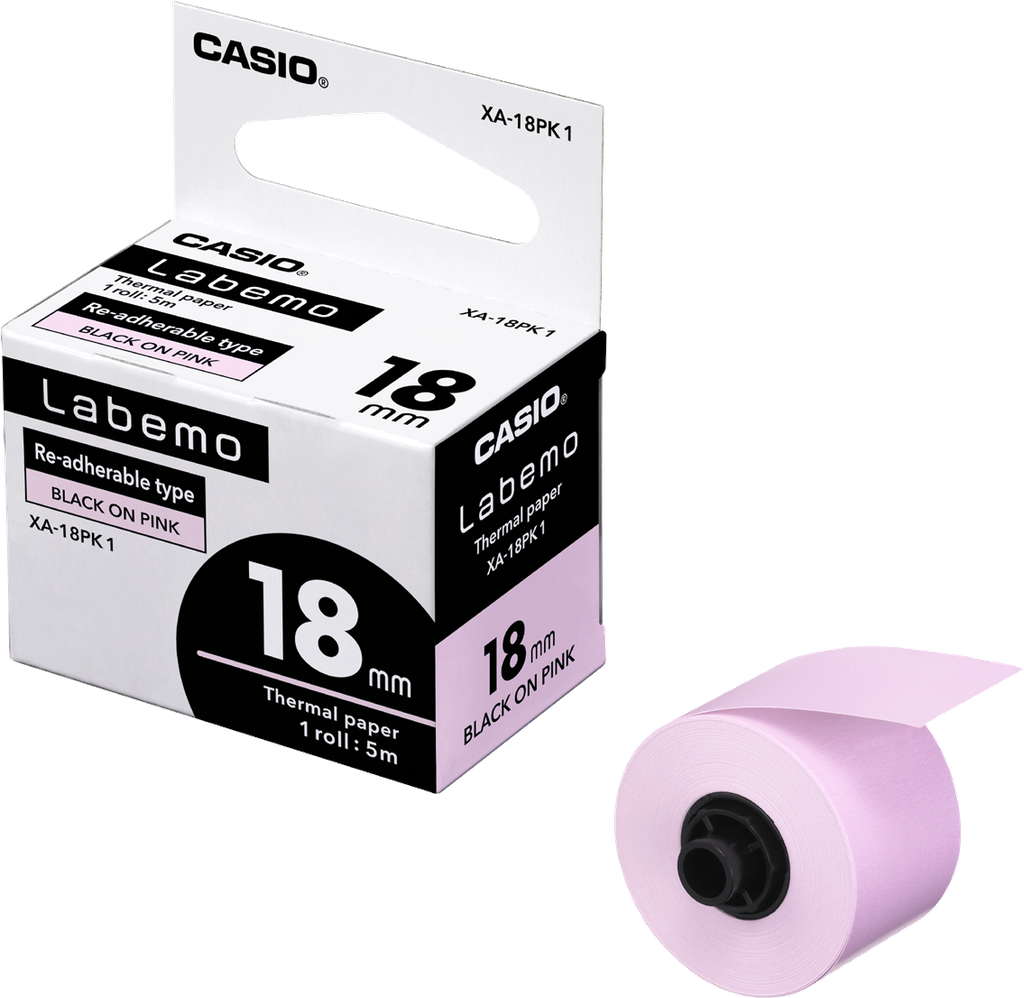 Tape Label Printer 18mm Re-Adherable Black on Pink Casio XA-18PK1-W-DJ