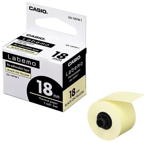 Tape Label Printer 18mm Re-Adherable Black on Yellow XA-18YW1-W-DJ