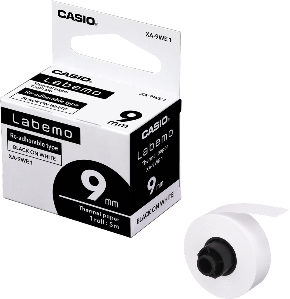Tape Label Printer 9mm Re-Adherable Black on White Casio XA-9WE1-W-DJ