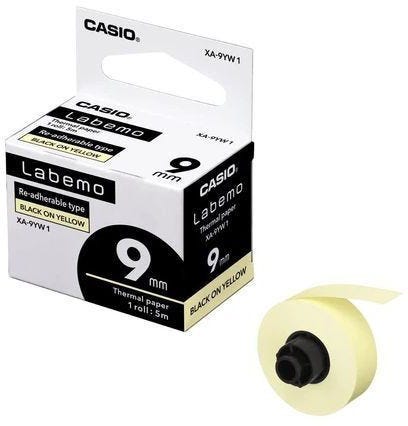 Tape Label Printer 9mm Re-Adherable Black on Yellow Casio XA-9YW1-W-DJ