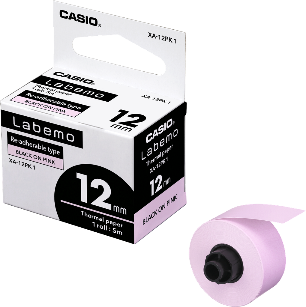 Tape Label Printer 12mm Re-Adherable Black on Pink Casio XA-12PK1-W-DJ