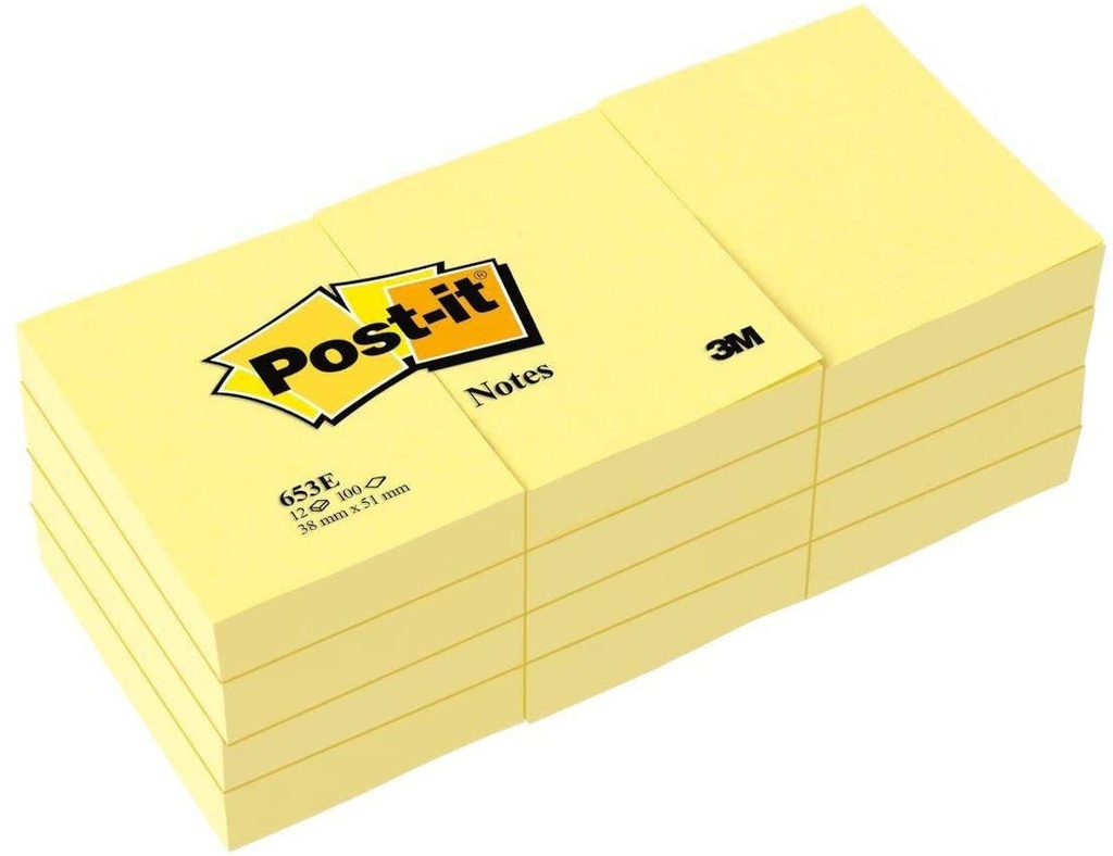 Note Post-It adhesive 100 sheets X12/pk    1.5" X 2" Yellow