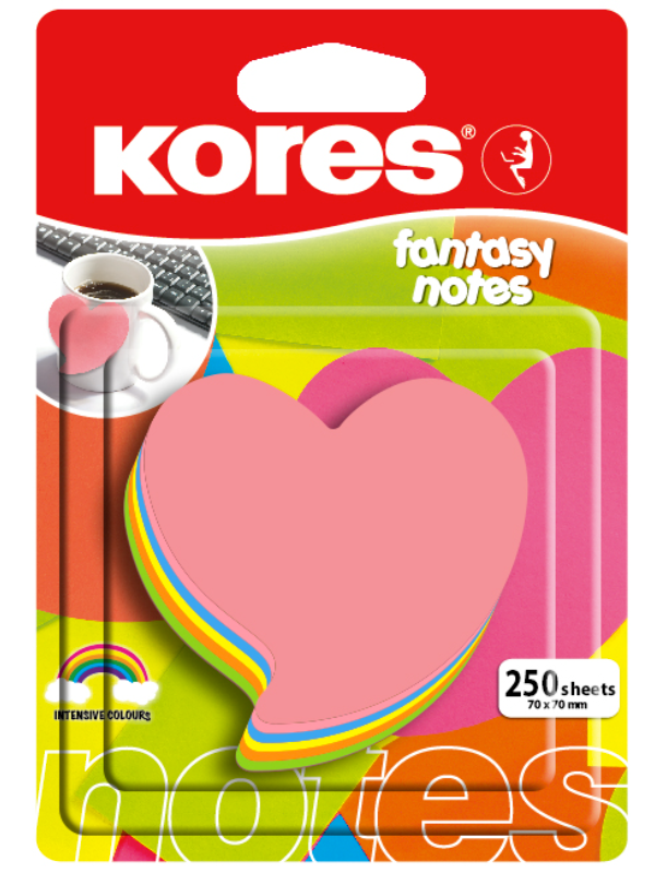 Notes Sticky, 70x70mm, Fantasy Heart Shaped, Mixed 5 Neon Colors in Blister