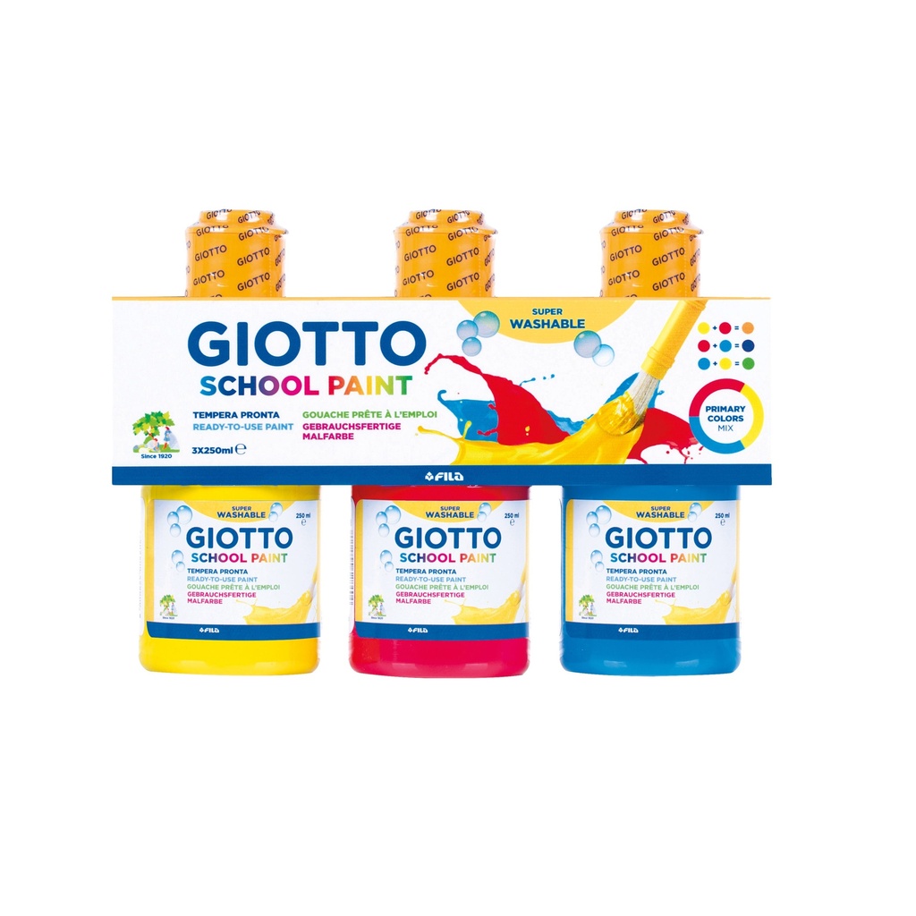 Tempera School Paint, Washable, Set 3 x 250 ml, Primary yellow, Scarlet red, Cyan - Giotto