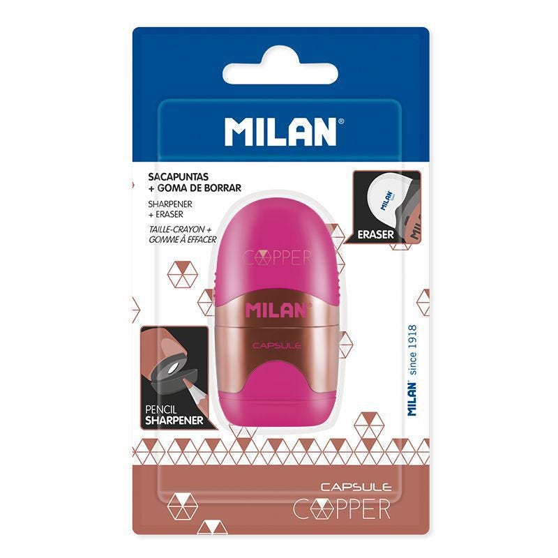 Blister pack eraser with pencil sharpener CAPSULE Copper series, pink