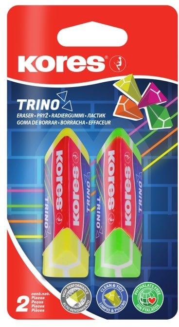 Eraser, Triangular Design, Mixed Neon Colors Set Of 2 Pcs, "Trino"
