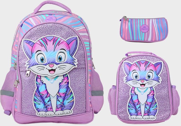 Trolly 3 Wheels Backpack Multi Comp, Purple Cat 18" L.Bag, P.Case Set GB5236TT/TB