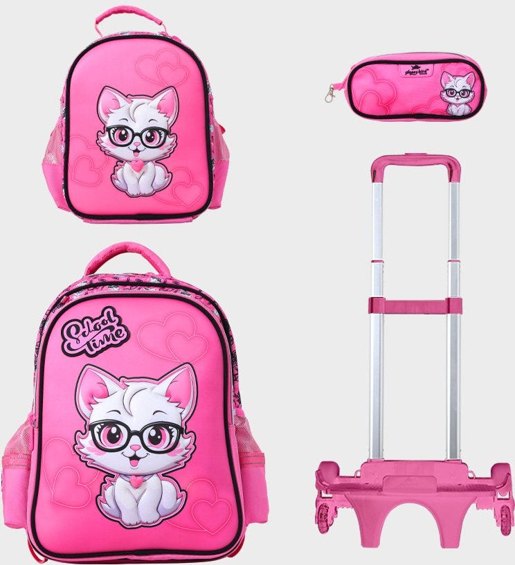 Trolly 3 Wheels Backpack Multi Comp School Time 17" & Large Bag, Pencil Case Set GB5171TB/TT Pink"