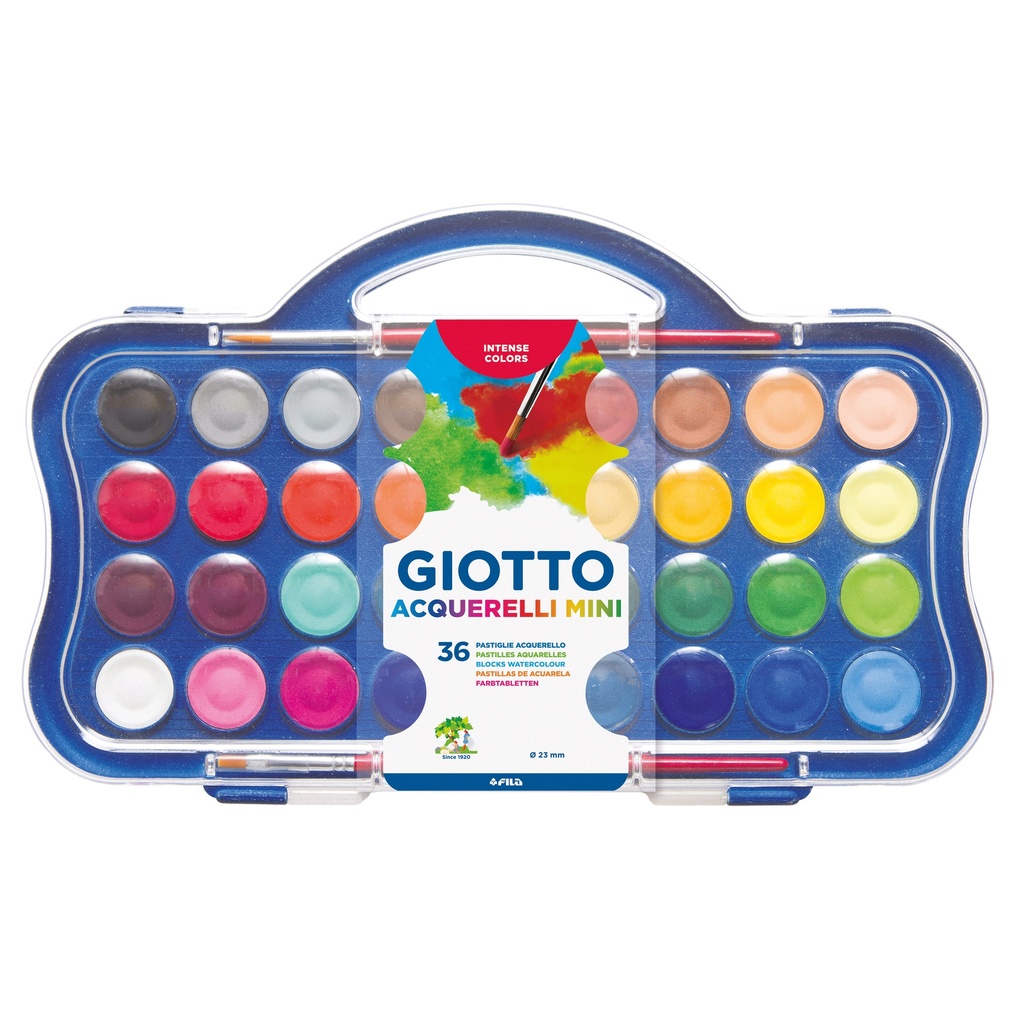 Watercolor Blocks Mini 23 mm, 36 Colour Set 23mm + 2 brushes - Giotto