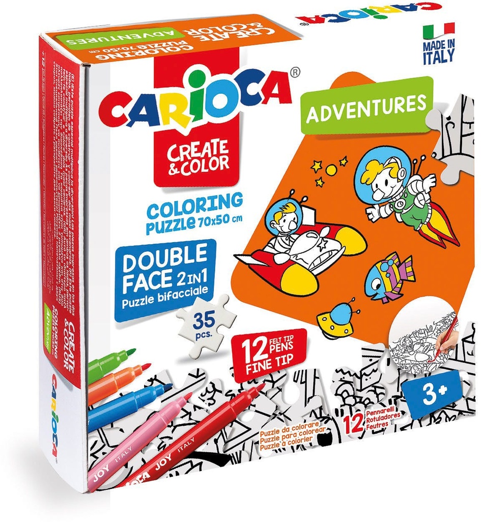 Coloring Puzzle Adventures Set + 12 Felt Tip Pens Set, Carioca