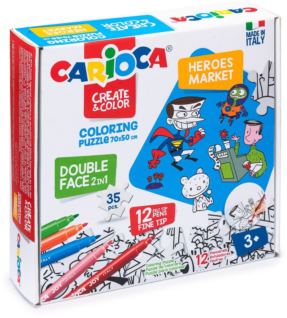 Coloring Puzzle Heros & Market Set + 12 Felt Tip Pens Set, Carioca