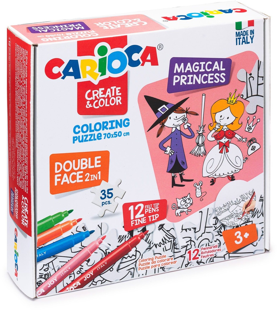 Coloring Puzzle Magical Princess Set + 12 Felt Tip Pens Set, Carioca
