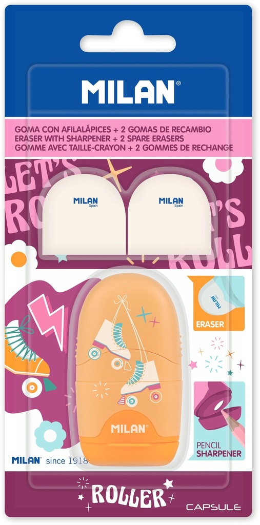 Blister pack eraser with pencil sharpener CAPSULE Roller special series + 2 spare erasers