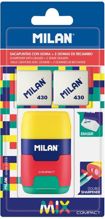 Blister pack eraser with pencil sharpener COMPACT Mix + 2 spare erasers