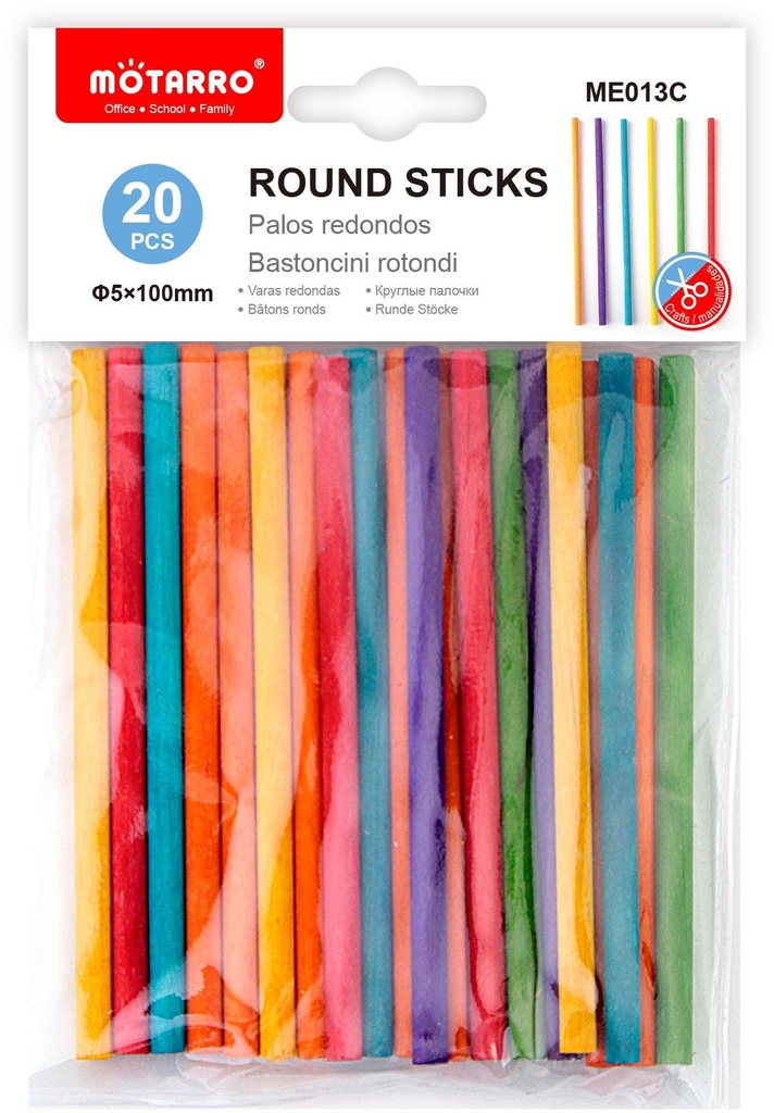 Wooden Stick Rounded 5x100mm 20pcs Assorted Color