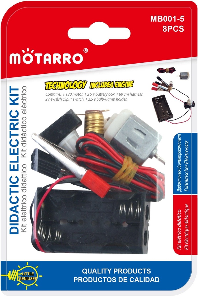 Electric Educational Kit of 8, motor, 5# batt, wire, 2 clip, switch, 2.5v bulb + lam hold