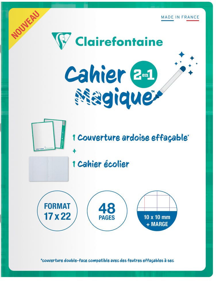 Notebook stapled with double sided dry-erase cover 17x22cm 24sh. Sq. 10/10 + margin, "Cahier Magique