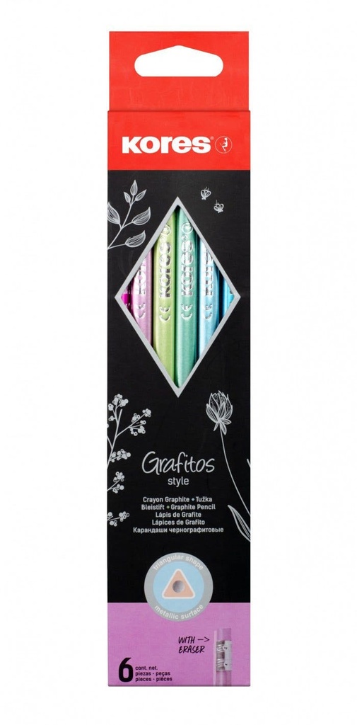 Lead Pencil Metallic No.2=Hb, Triangular, Sharpened, Set Of 6 Metallic "Grafitos Style"