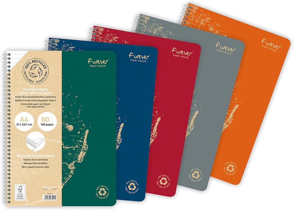 Wirebound Notebook A4 90G Recycled 60Sh. Detach. Lined Assorted Colours - Forever Premium