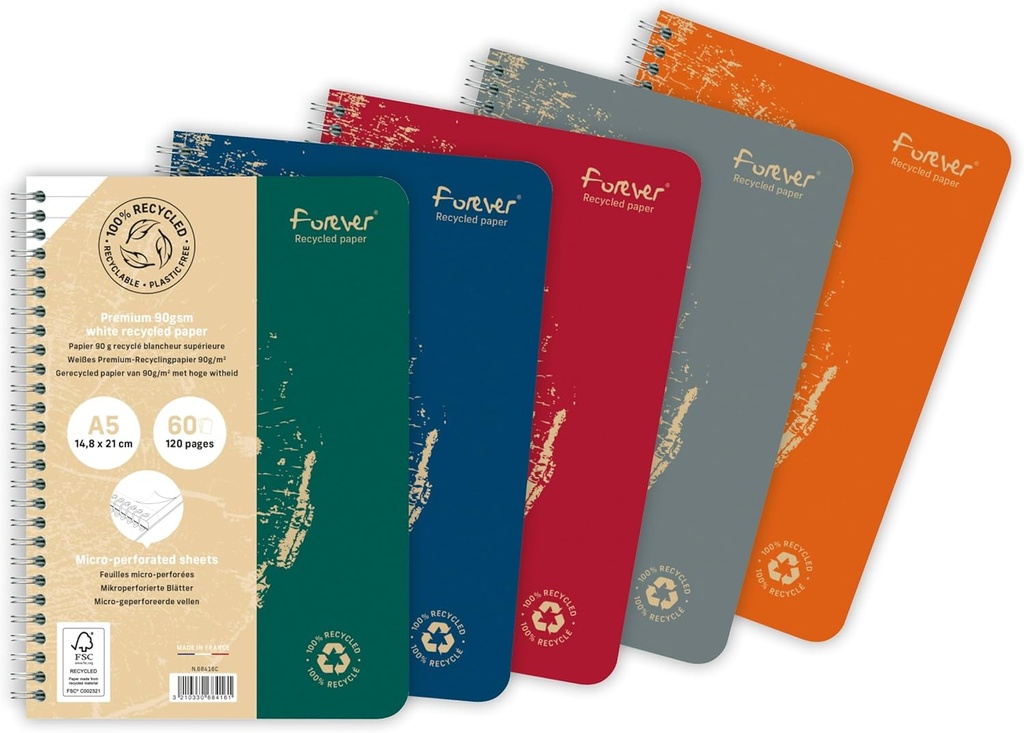 Wirebound Notebook A5 90G Recycled 60Sh. Detach. Lined Assorted Colours - Forever Premium